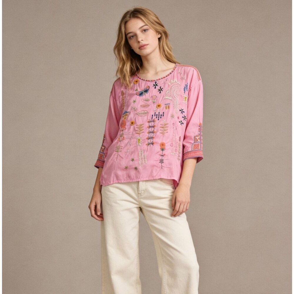 NWOT Johnny Was Biya Embroidered Floral Butterfly Boho Pink Shirt Blouse Sz XL